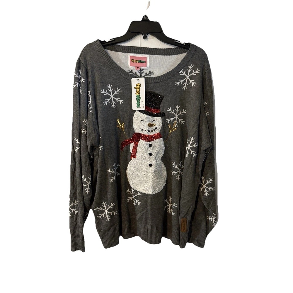 Tipsy Elves Womens XL Ugly Christmas Sweater Gray Sequined Snow Day Snowman